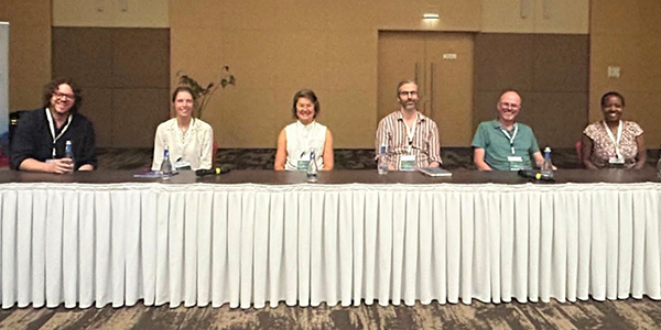 LCAB team at the Rewilding the Anthropocene symposium at the ICCB 2023 conference. Left to Right: Jonathan Crane, Louisa Mamalis, Hanna Petterson, Christopher Lyon, Chris Thomas and Tabitha Kabora. Image courtesy of Molly Brown.